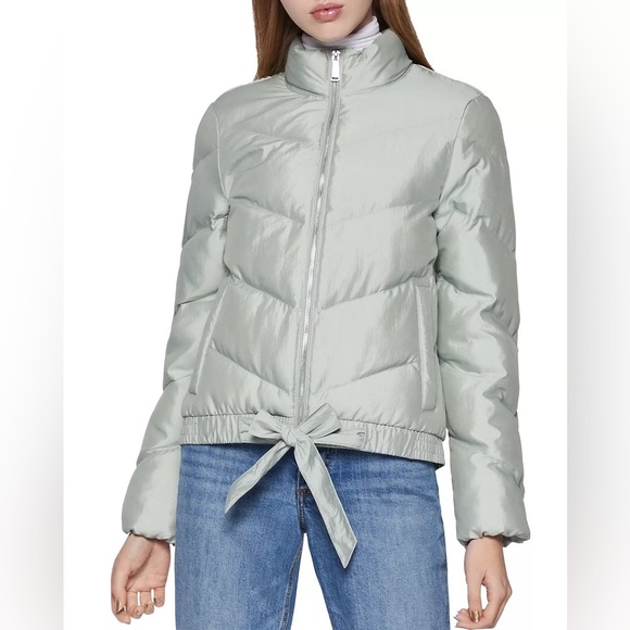 BCBG Puffer Quilted Mint Green Bomber Jacket Zip Up Bow Tie Light Weight Cozy S - Picture 1 of 10